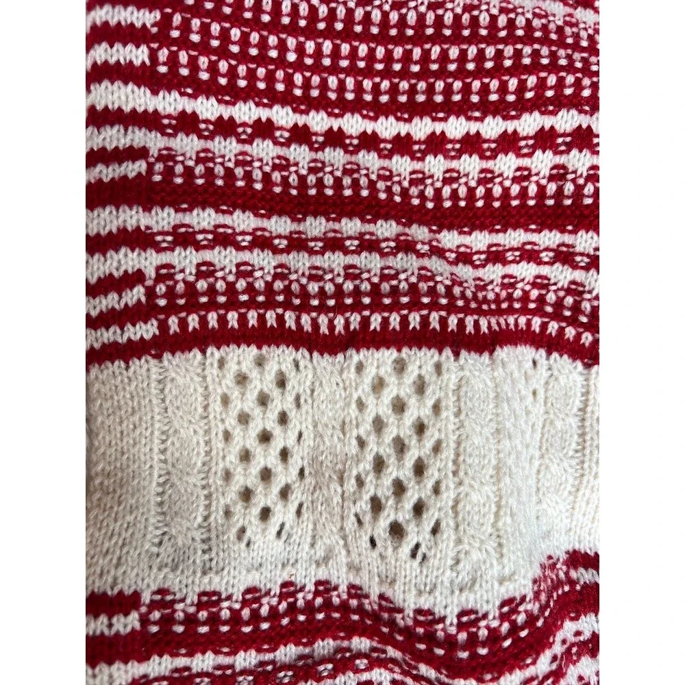 Noelle Knit Scarf OS Red Cream Striped Nordic Alpine Pointelle Faux Fur Pom Poms